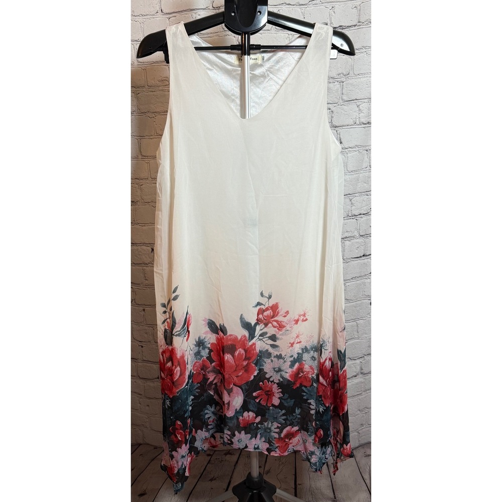 FangZeYuan Cream Floral Handkerchief Hem Sleeveless V-Neck Shift Dress XL